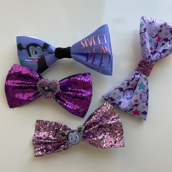 [ Disney Vamperina Handcrafted Glittery Purple Ribbon Hair Bows ] Set of 4 - Picture 1 of 6